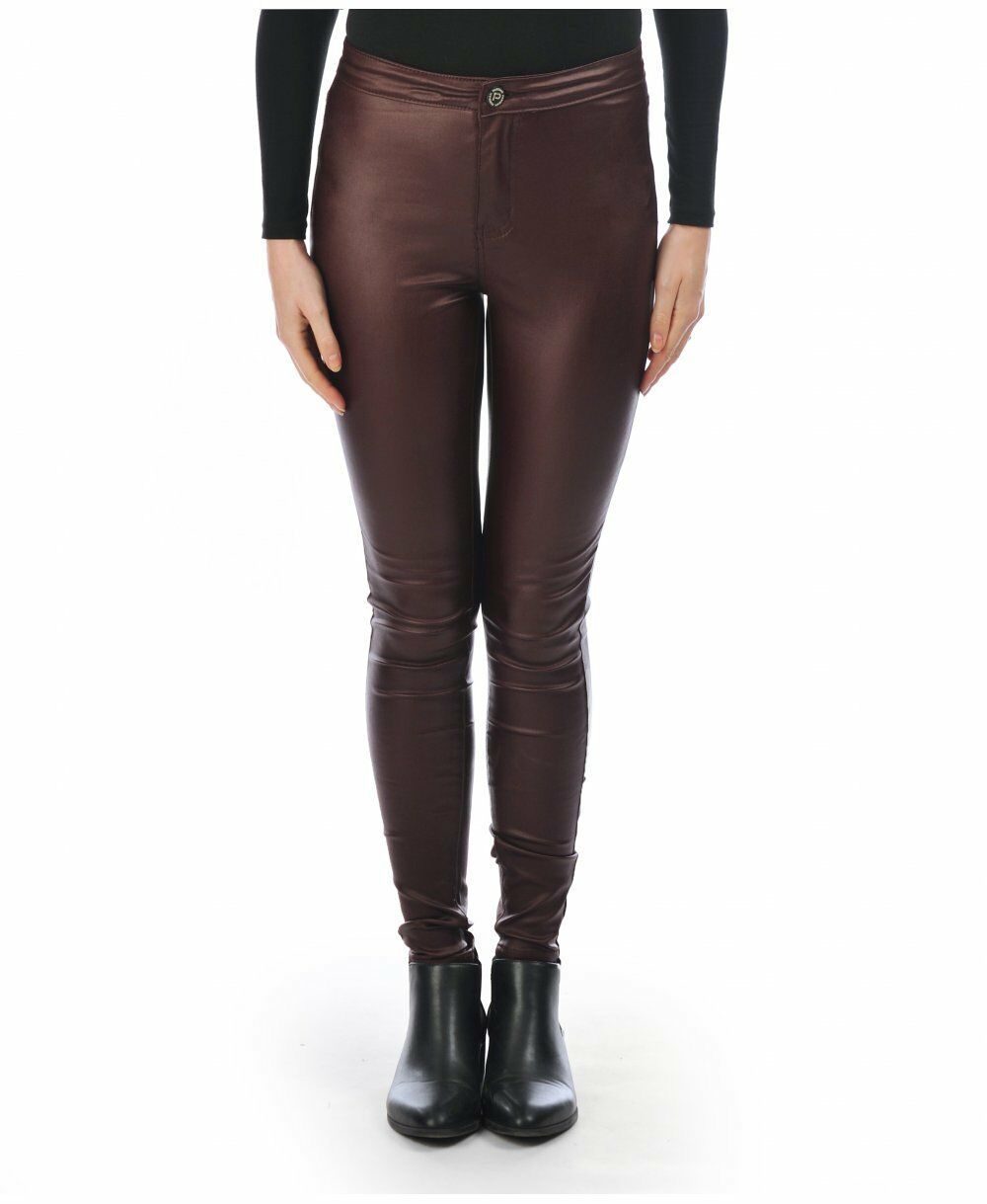 Plum High Waisted Leather Look Skinny Jeans - Front Close View