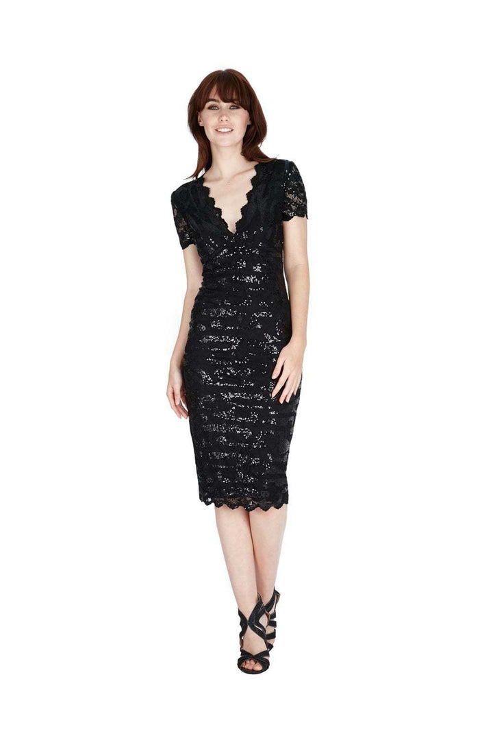 Sequin Lace Midi Dress in Black - Front View