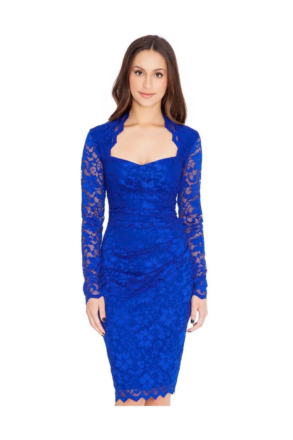 Long Sleeve Scalloped Lace Pencil Midi Dress - Close Front View