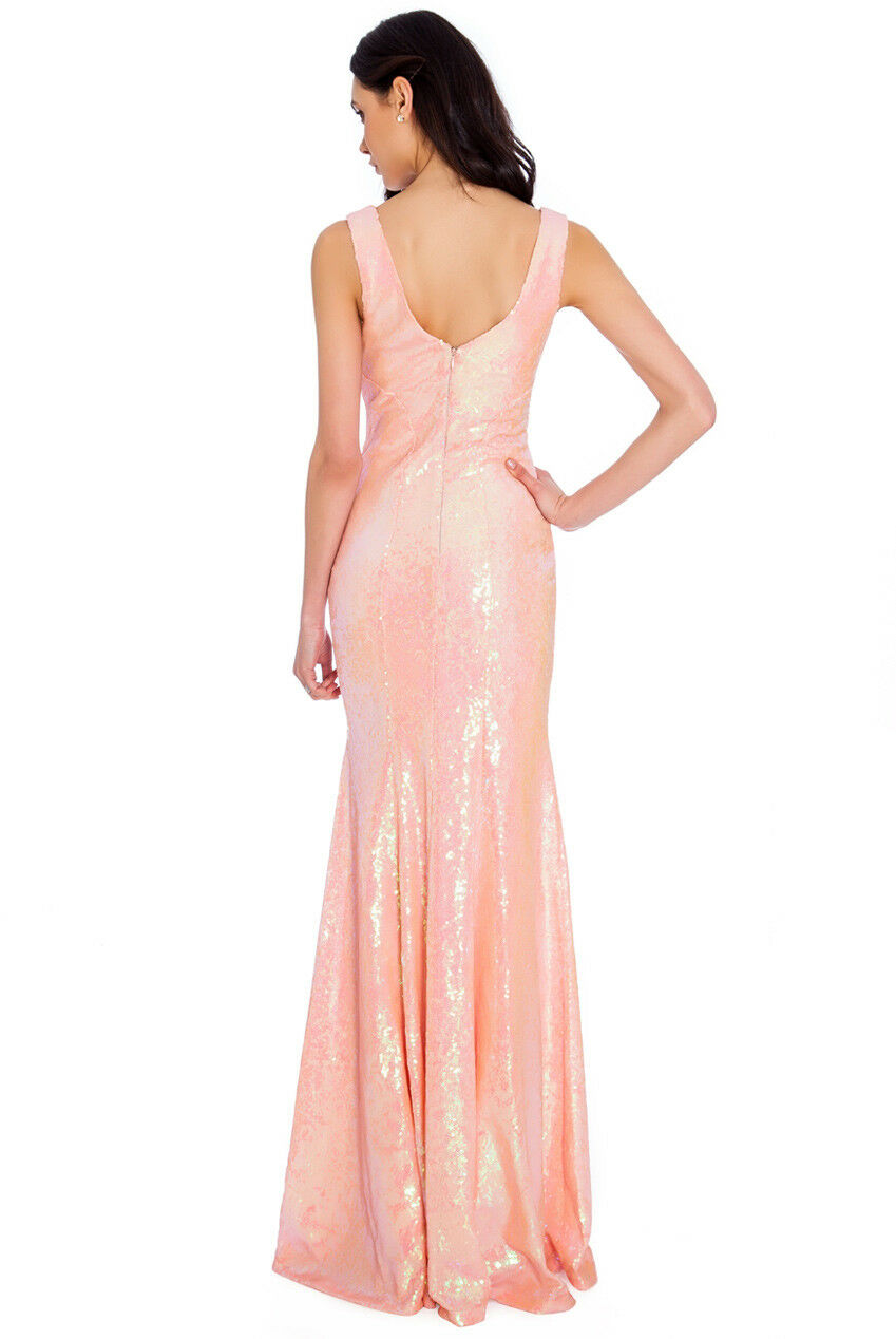 Sequin Sleeveless V-Necked Maxi Dress in Pink - Full Back View
