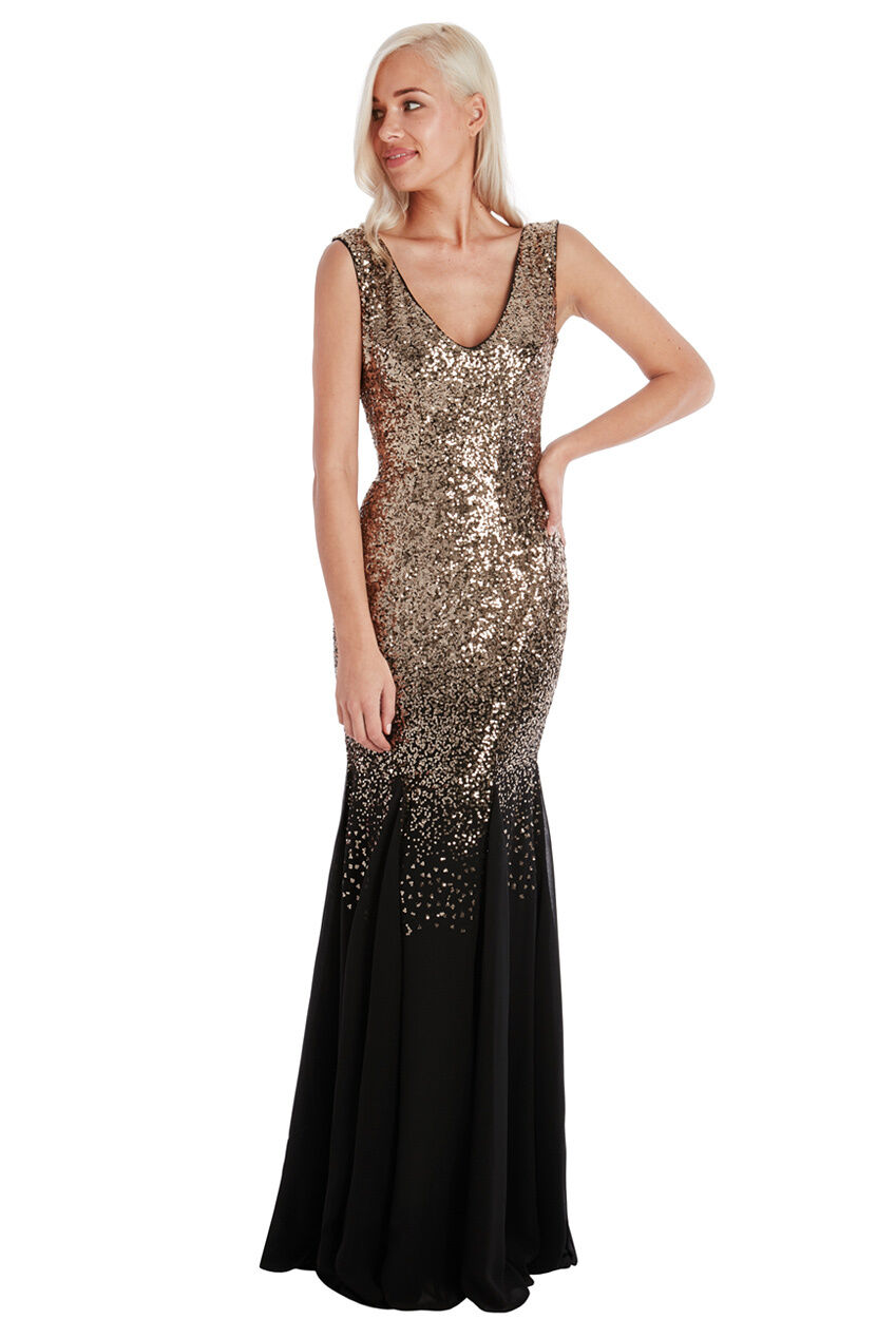 Gold/Black Sequin Chiffon Inserts Maxi Bridesmaid's Dress Full Front