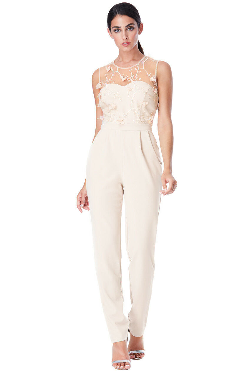 Floral Embroidered Sleeveless Jumpsuit in Stone - Front View