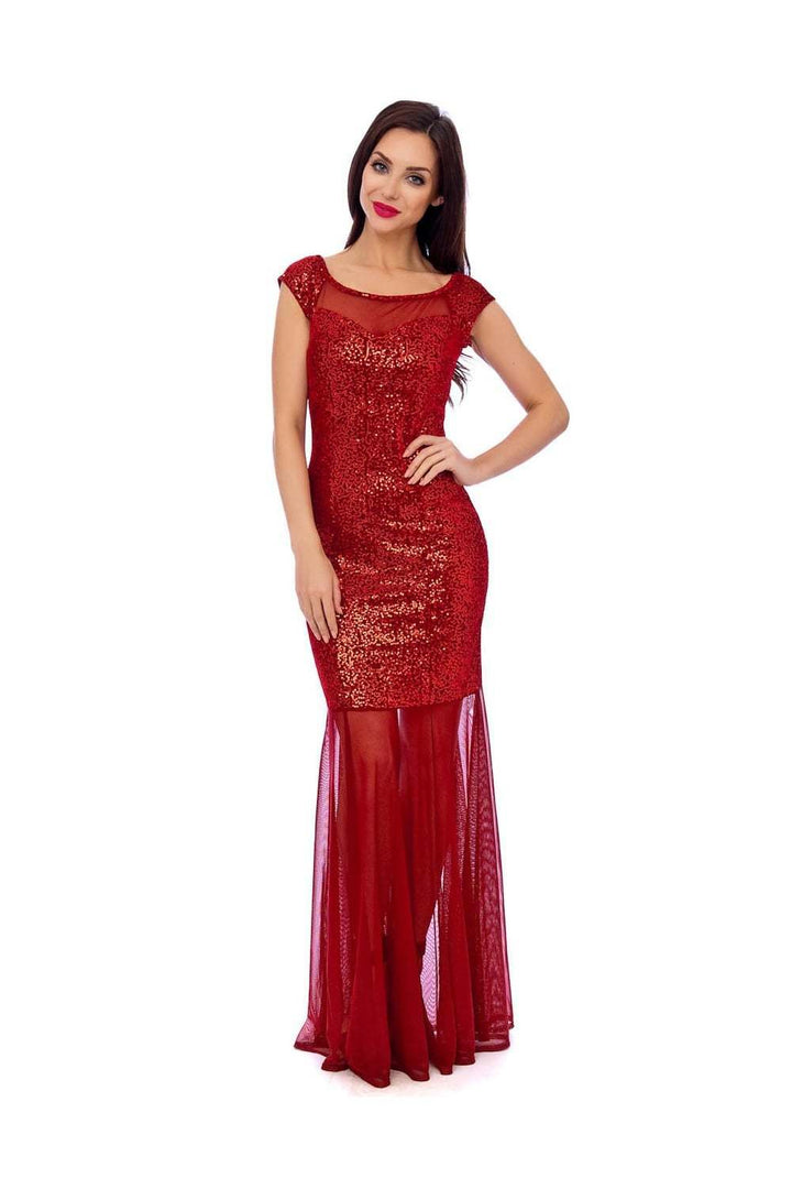 Velour Sequin Embellished Maxi Dress in Red - Front View