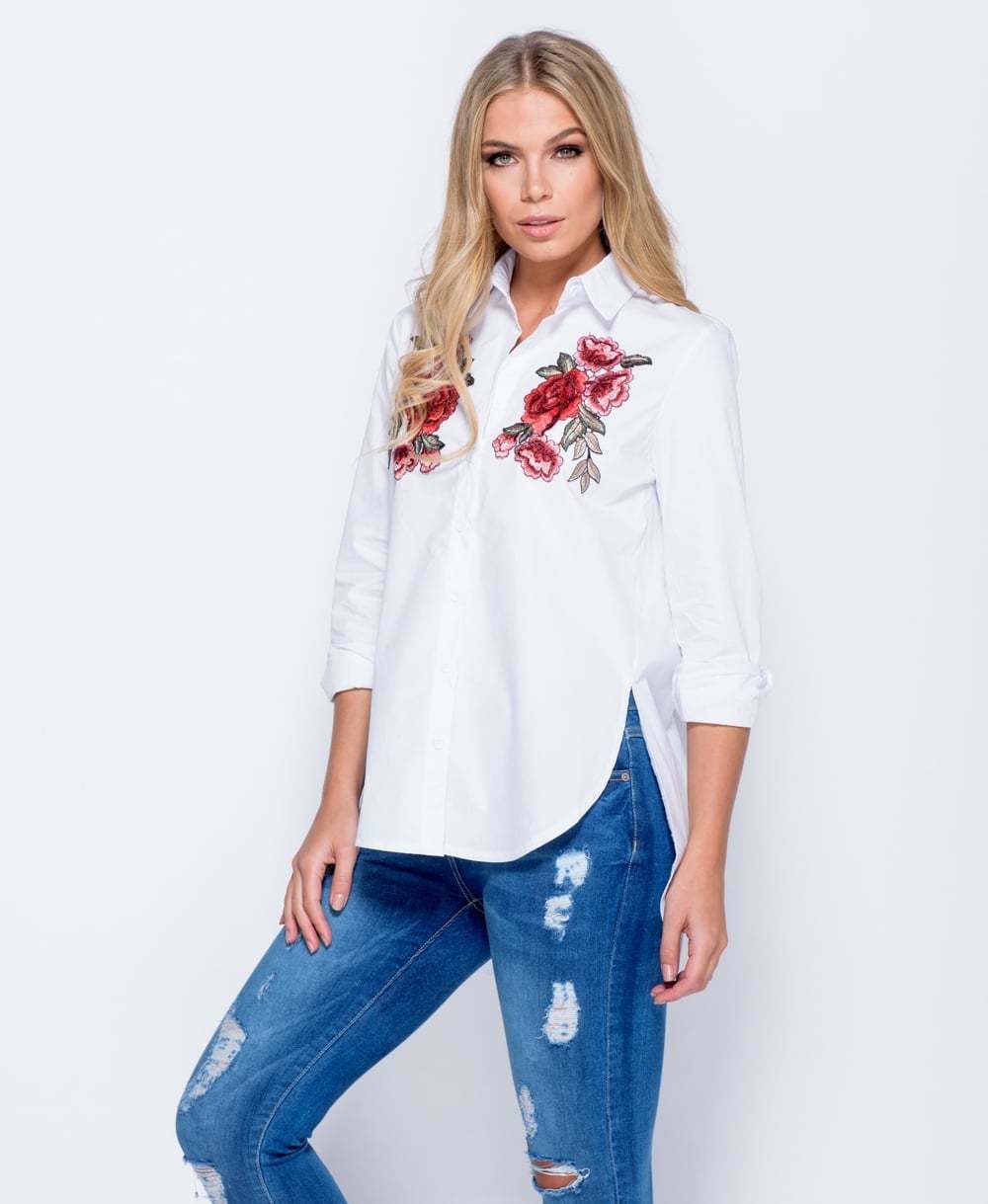 Floral Embroidered Button Front Shirt - View 1