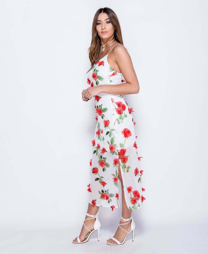 3D Rose Floral Sleeveless Maxi Dress in White - Full Side View