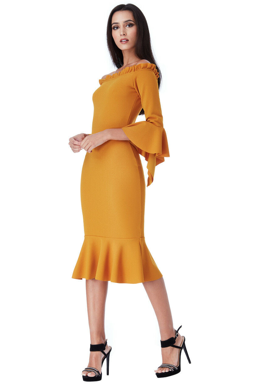 Mustard Bardot With Frill Detail Midi Dress - Full Front View