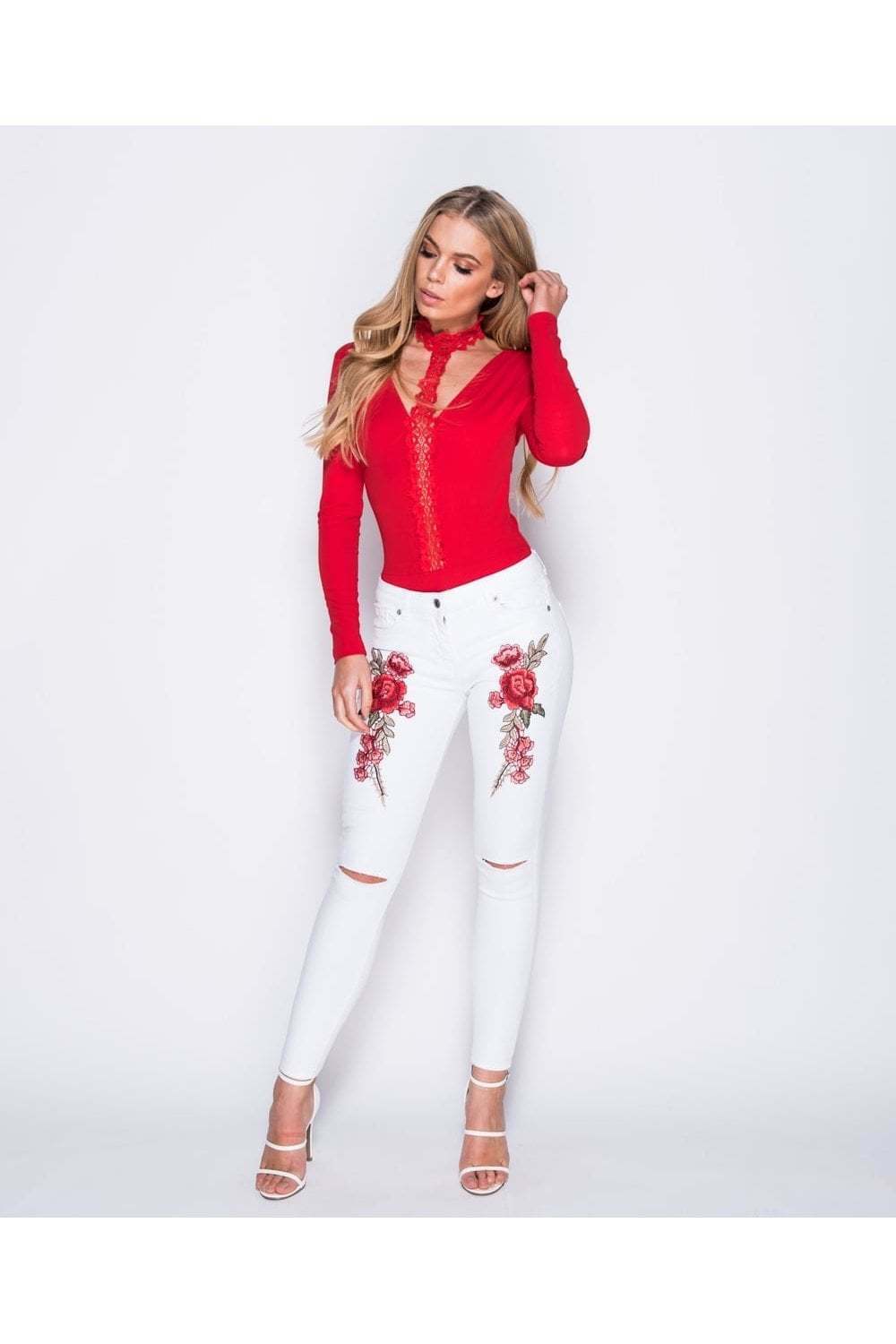 women's white floral ripped jeans with embroidery - embroidered