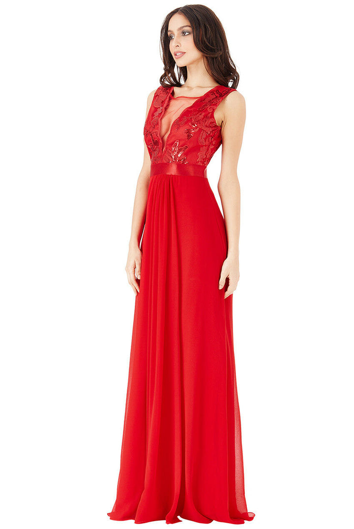Sequin V-Neck Lace & Chiffon Sleeveless Maxi Dress in Red