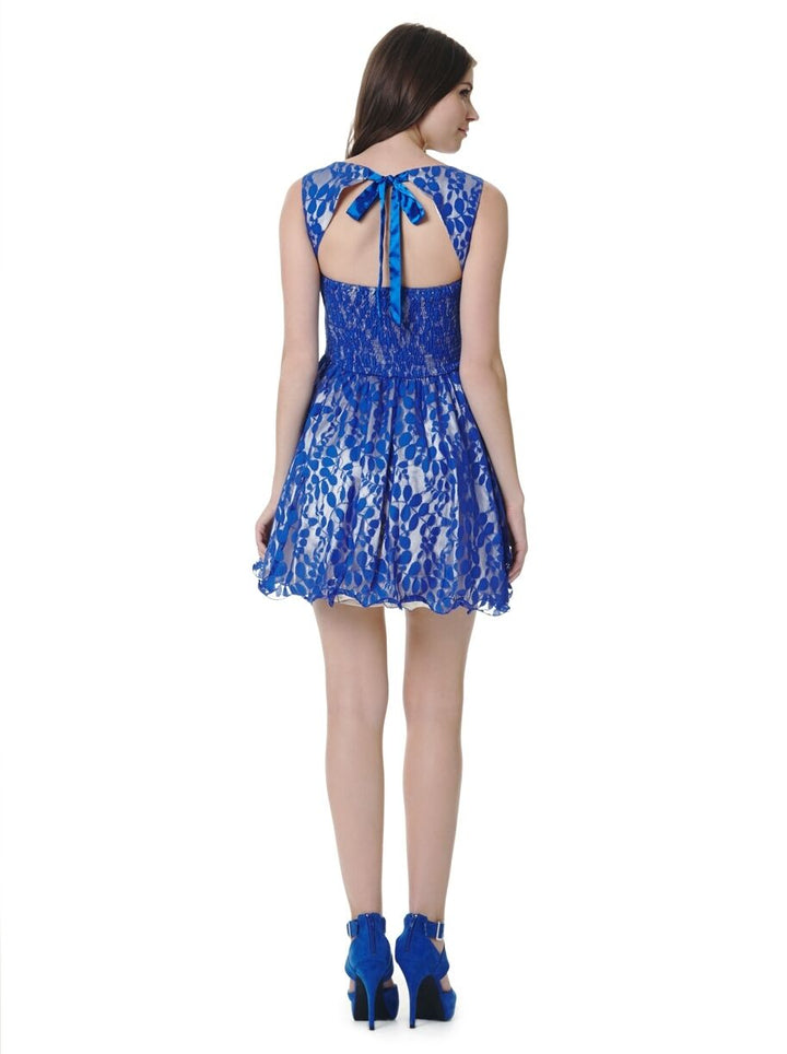 Blue Sleeveless Tie Back Lace Mini Dress - Back View