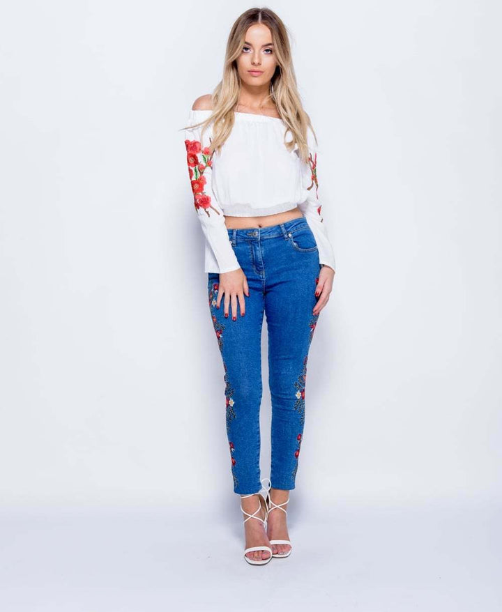 White Floral Embroidered Bardot Crop Top - Full Front View
