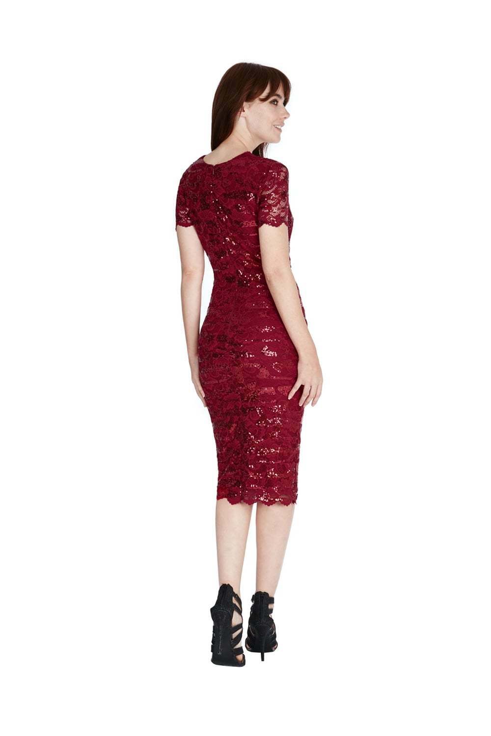 Sequin Lace Midi Dress in Red - Back View