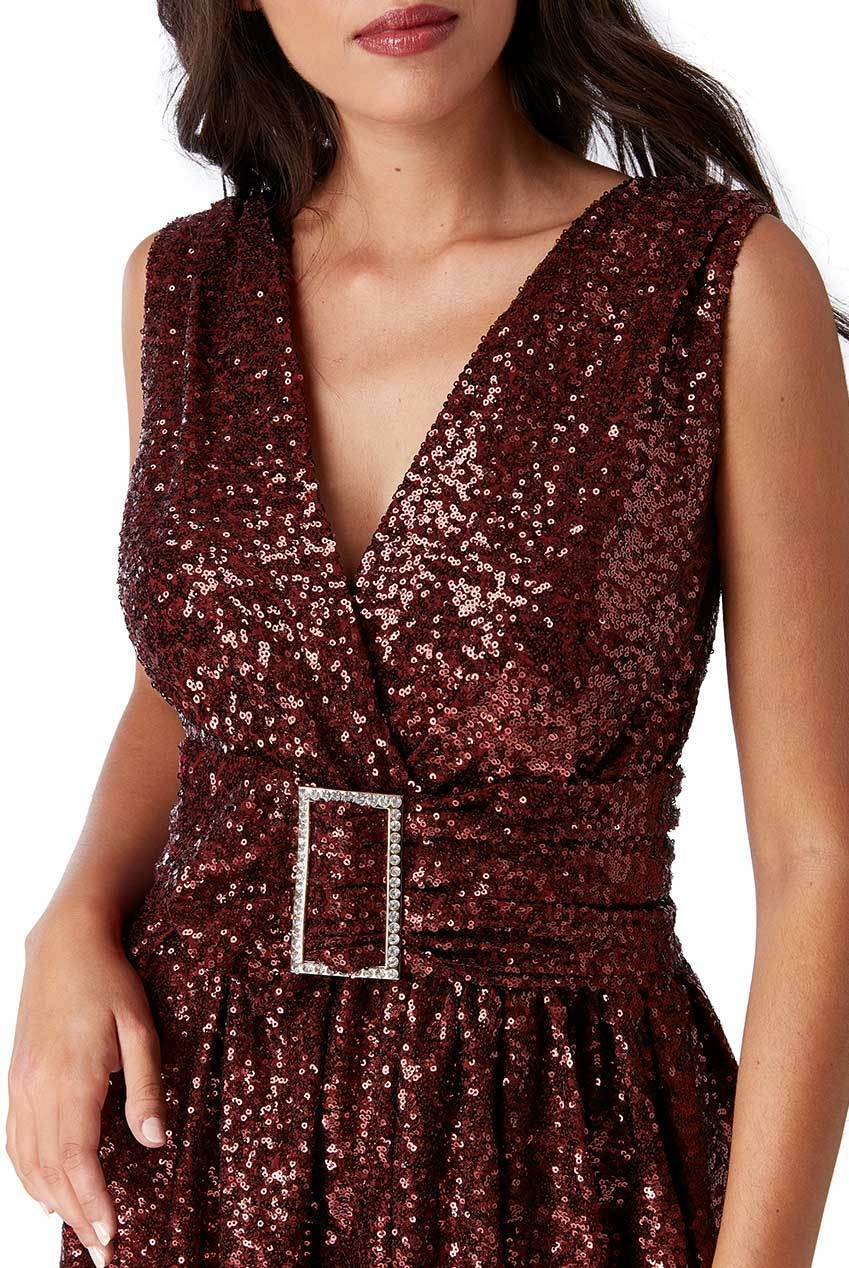 Sequin Chiffon Wrap Maxi Dress in Wine - Close Front View