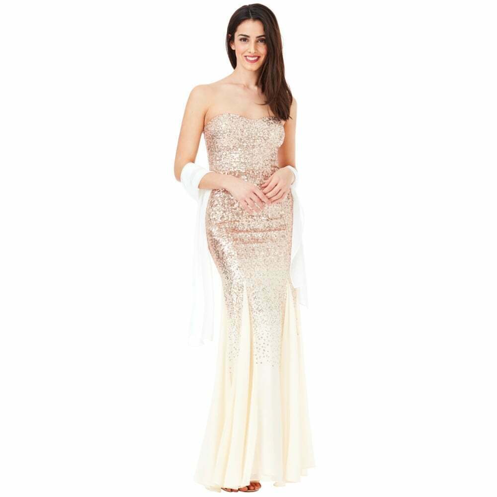 Champagne Strapless Sequin Maxi Bridesmaid Ballgown Dress with Scarf