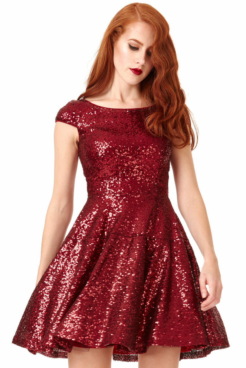 Sequin Sleeveless Skater Mini Dress in Wine - Close Front View