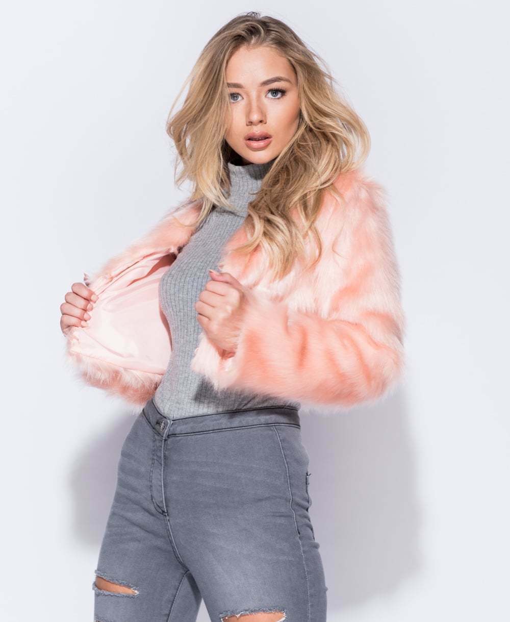 Pink Faux Fur Edge Cropped Jacket - View 1