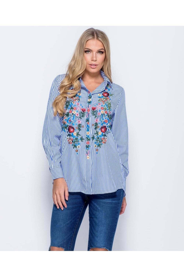 Blue Floral Embroidered Full Sleeve Shirt - Far Front View