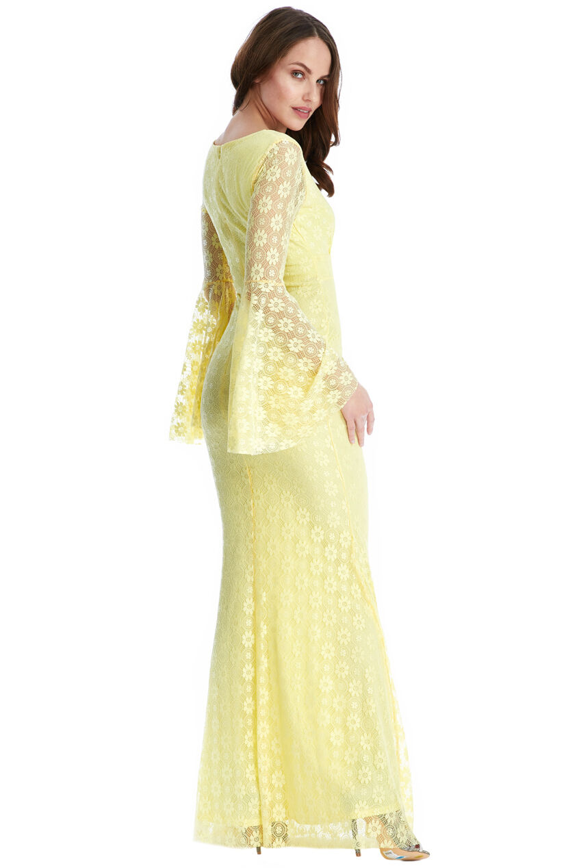 Yellow Floral Lace Long-Sleeved Maxi Dress