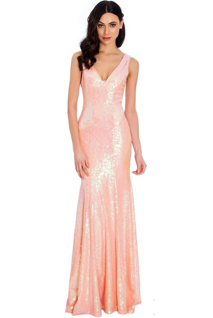 Sequin Sleeveless V-Necked Maxi Dress in Pink - Full Front View
