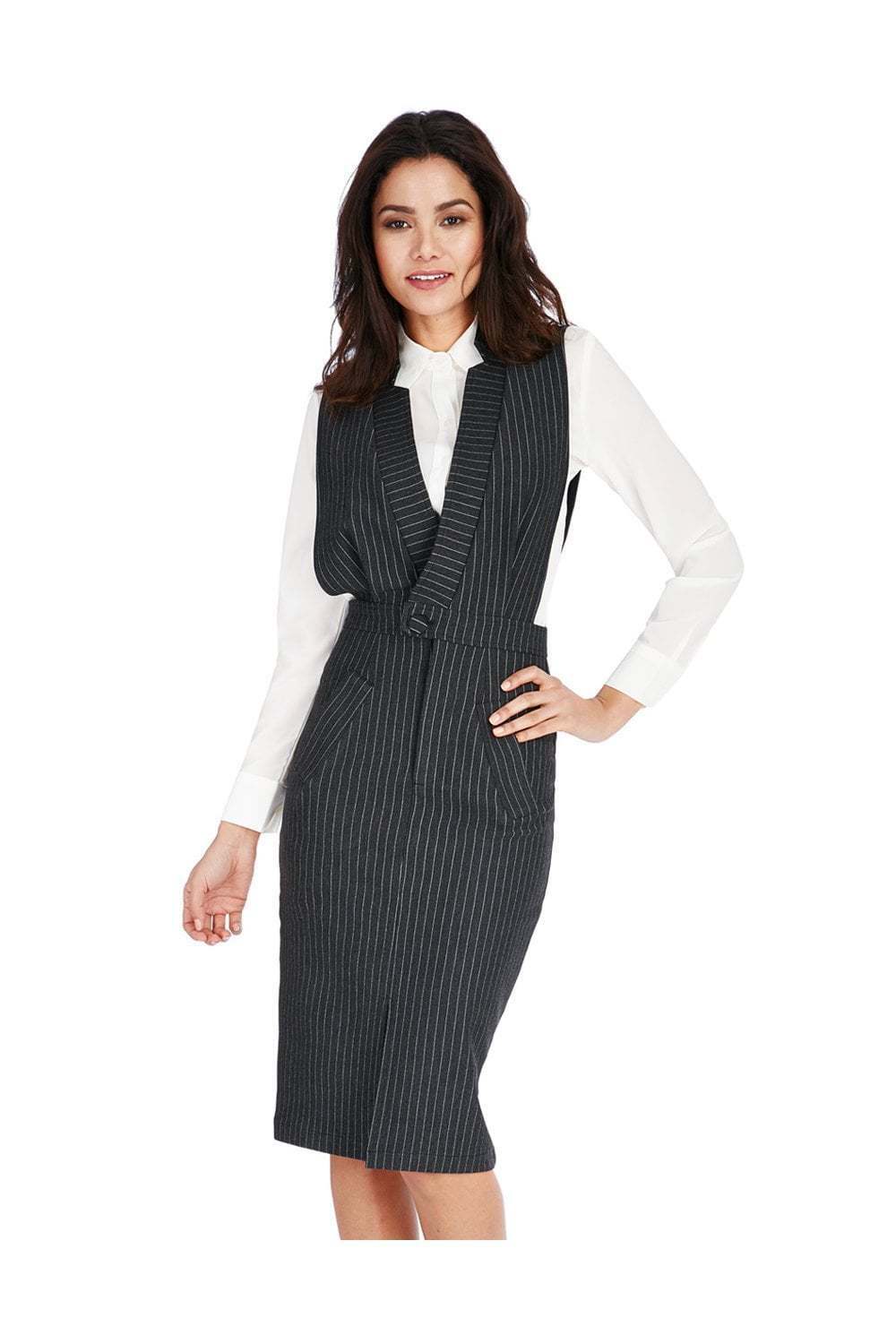 Sleeveless Formal Workwear Midi Dress - Pinstriped Finish Front View