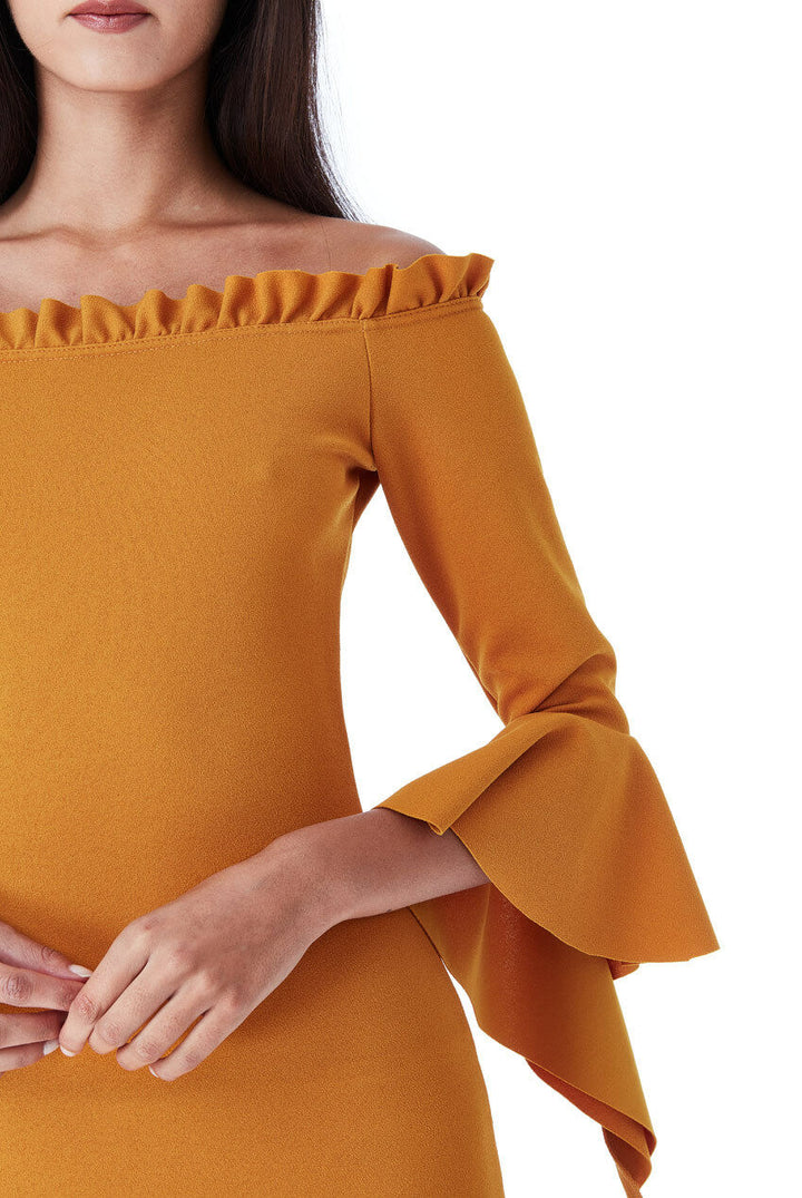 Mustard Bardot With Frill Detail Midi Dress - Close Up View