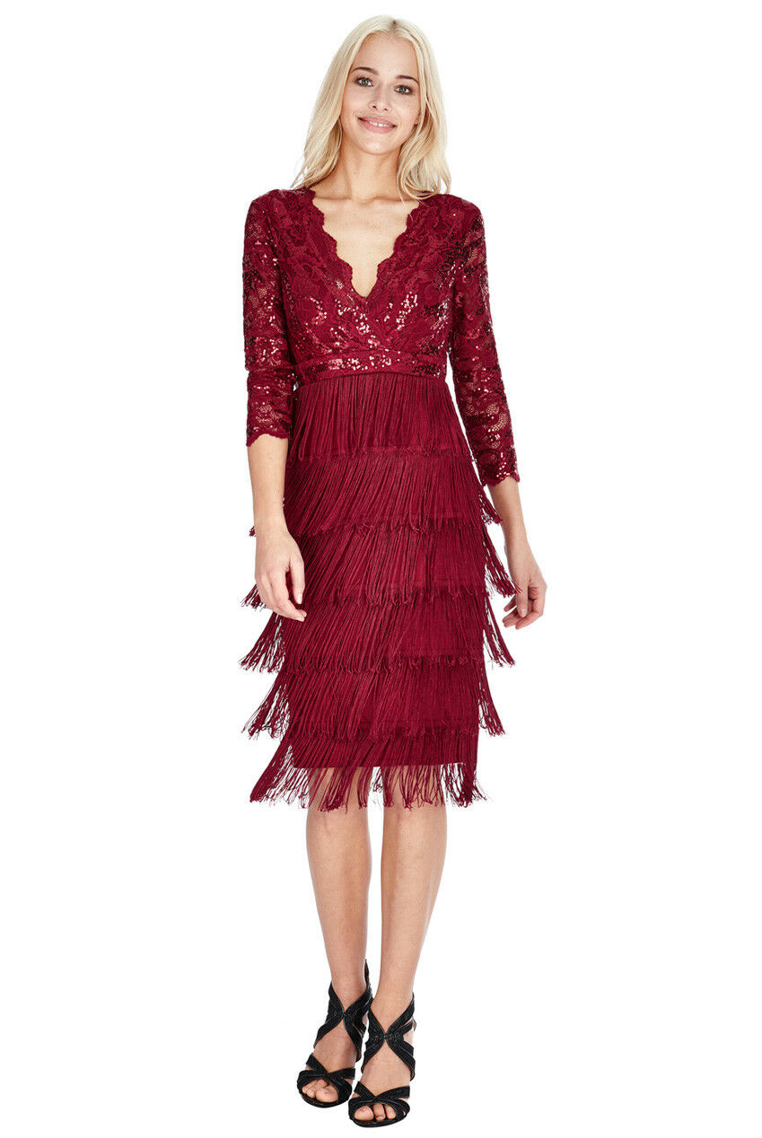 Sequin Fringe Flapper Midi Dress in Wine - Front View