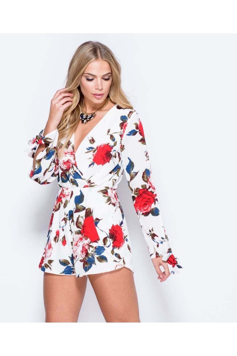 Rose Print Long Sleeve Wrap Front Playsuit in White - Close Side View