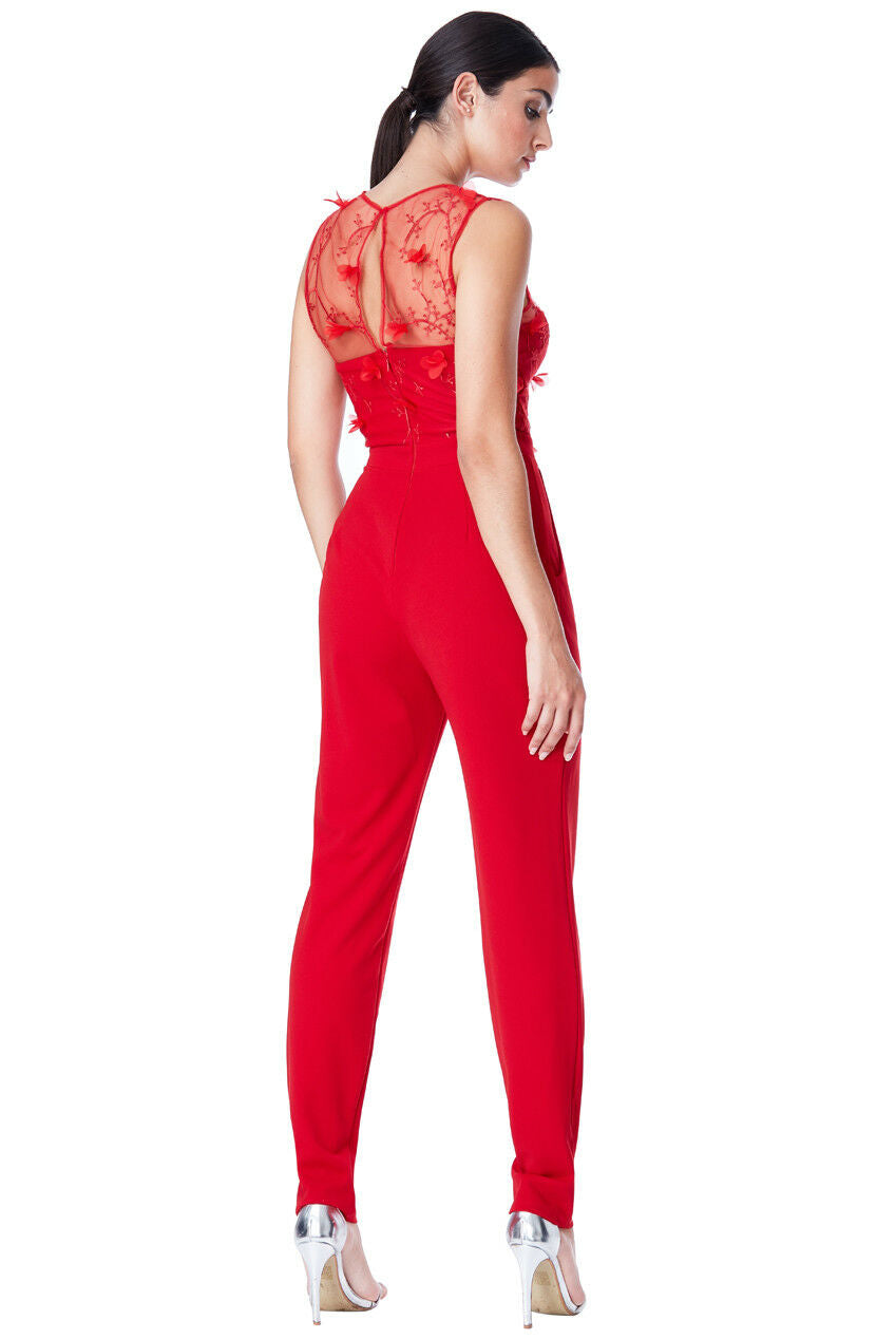 Floral Embroidered Sleeveless Jumpsuit in Red - Back View