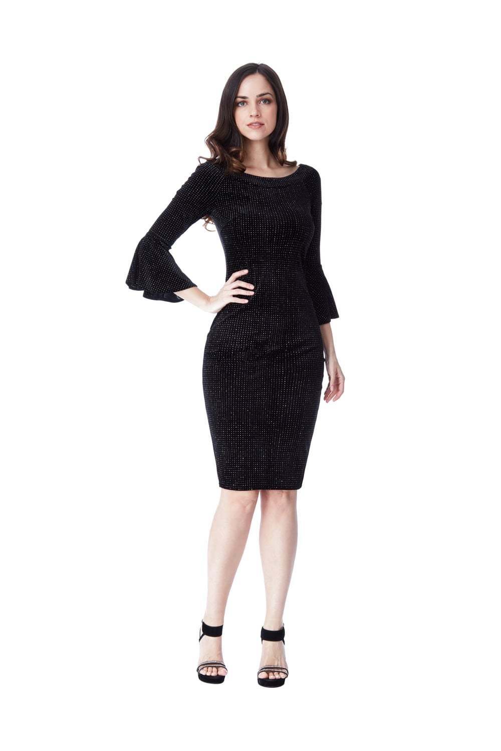 Glitter Velvet Bell Sleeve Midi Dress in Black - Front View