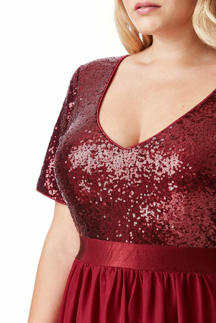 Plus Size Sequin Chiffon Short Sleeved Maxi Dress - Red Close Up View