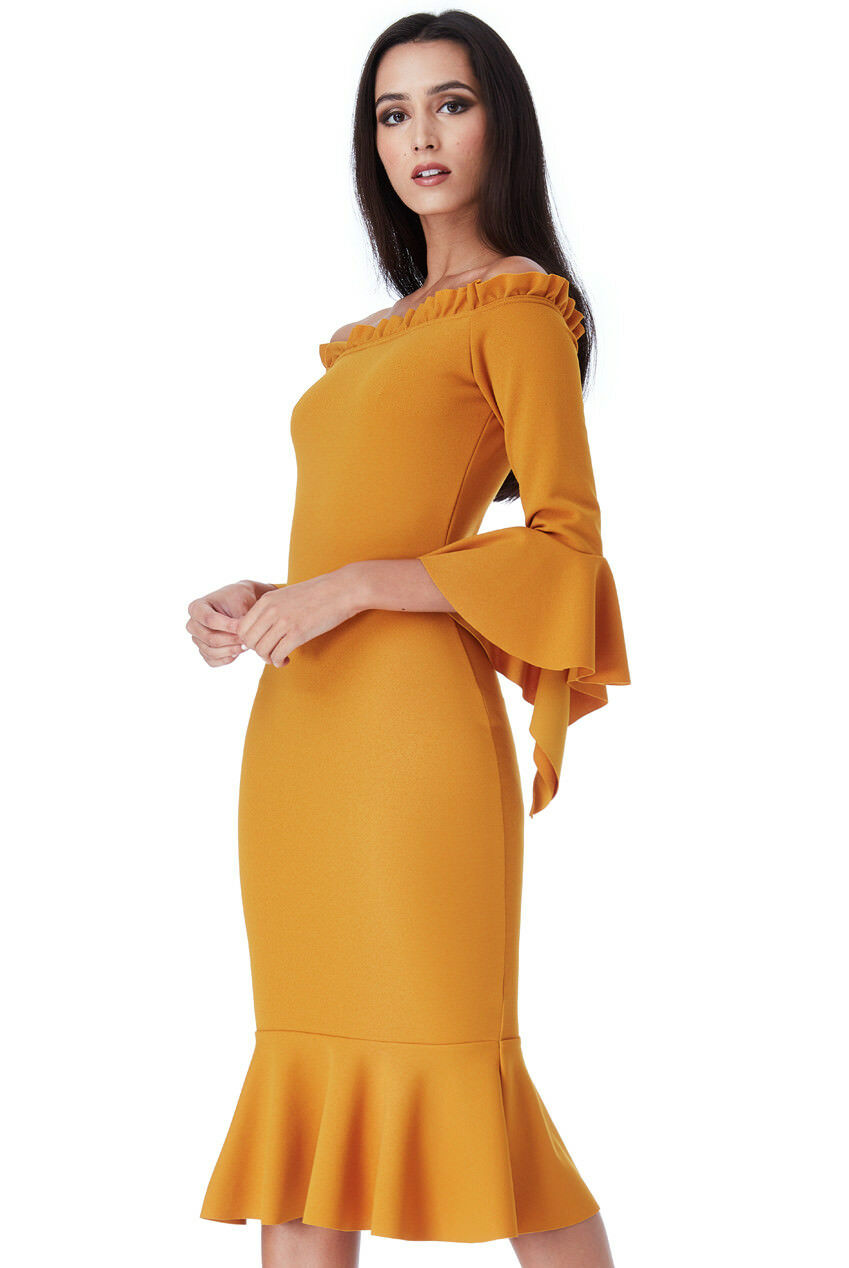 Mustard Bardot With Frill Detail Midi Dress - Close Front View