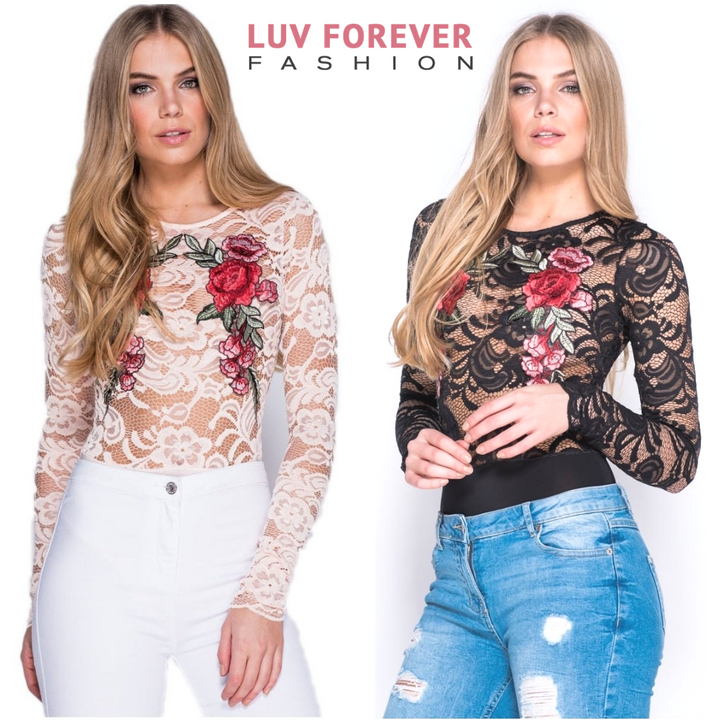 Flower Patch Embroidered Lace Long Sleeve Bodysuit