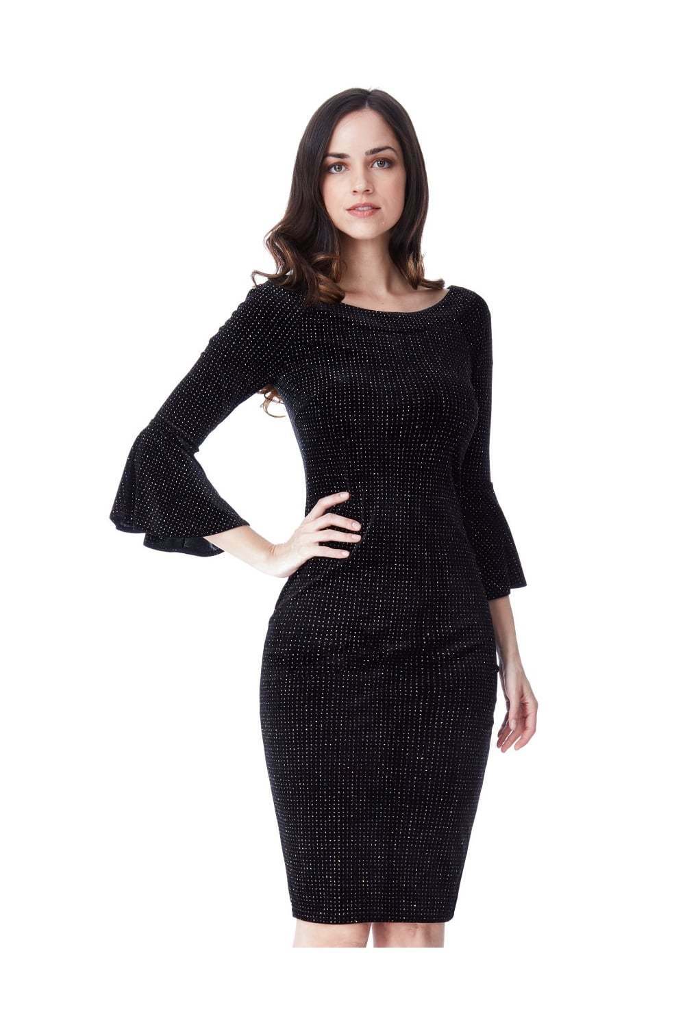 Glitter Velvet Bell Sleeve Midi Dress in Black - Close Front View