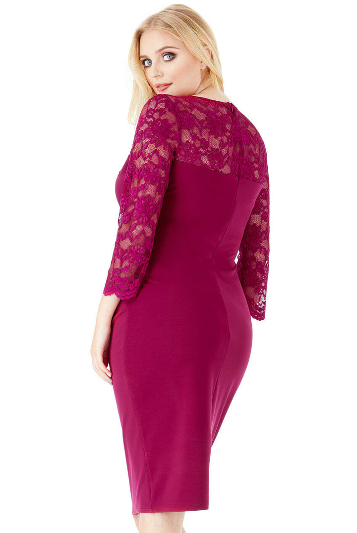 Plus Size 3/4 Lace Sleeved Midi Dress in Magenta - Close Back View