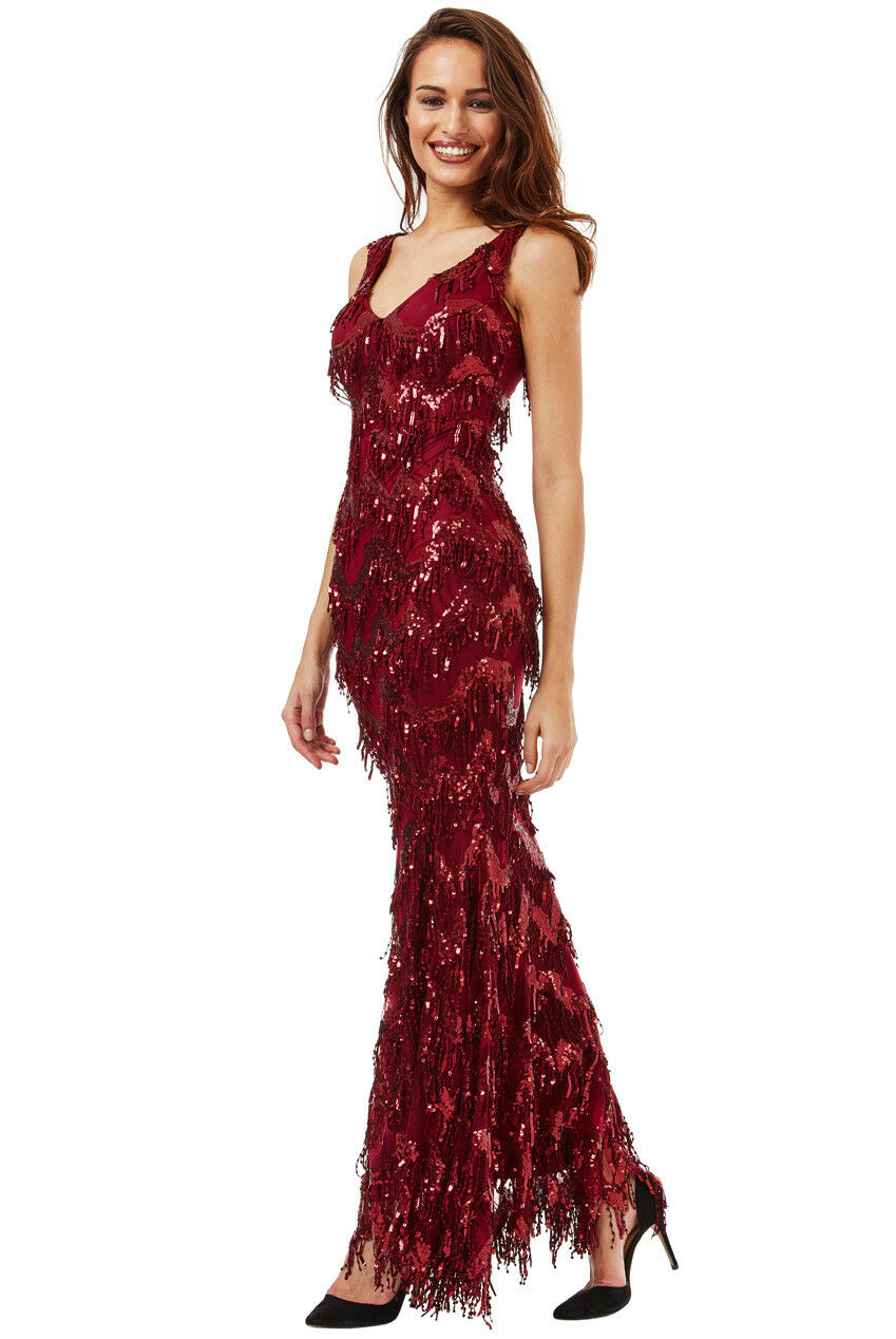 Sequin Flapper Maxi Dress in Wine - Front View