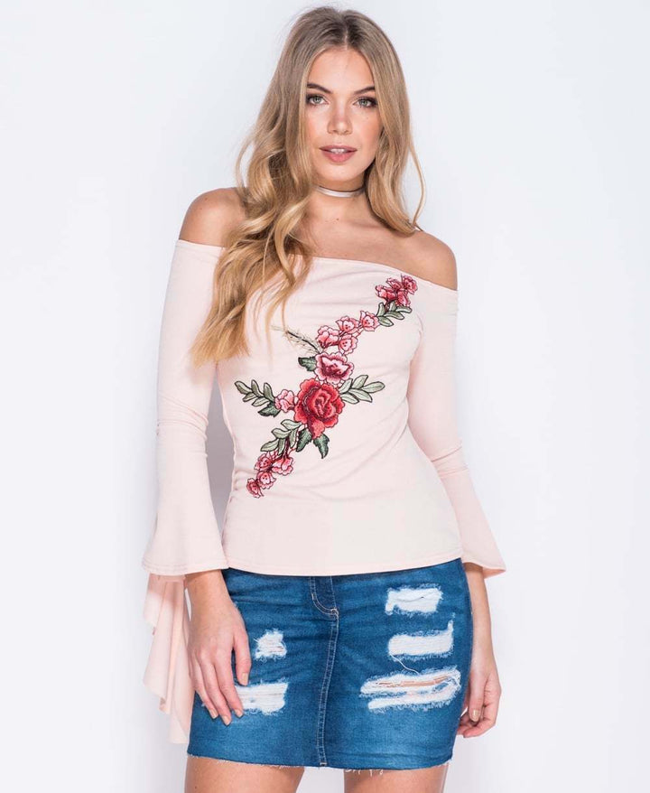 Close-up of Nude topBardot Frill Sleeved Floral Top in Nude - Close Front View