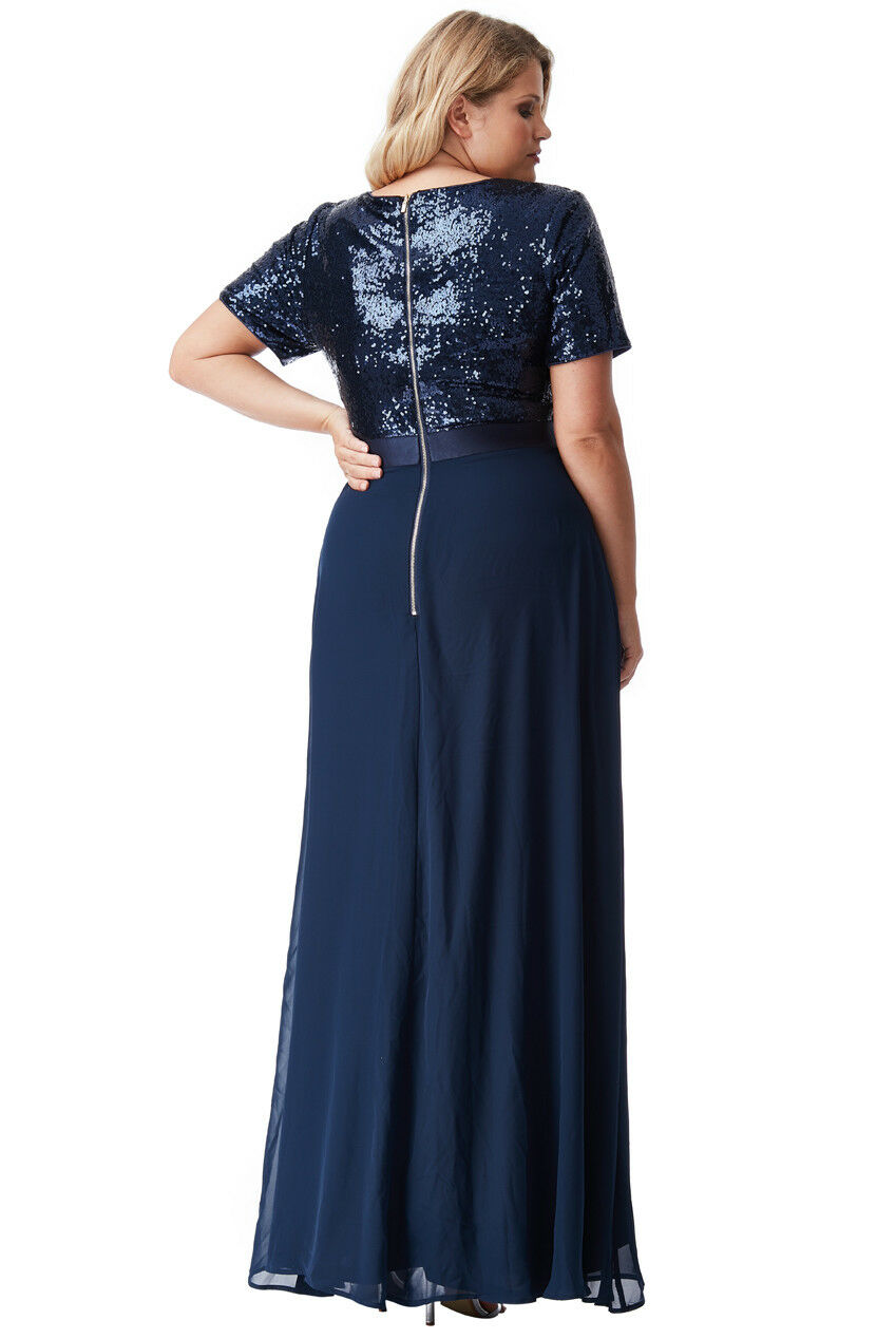 Plus Size Sequin Chiffon Short Sleeved Maxi Dress - Navy Back View