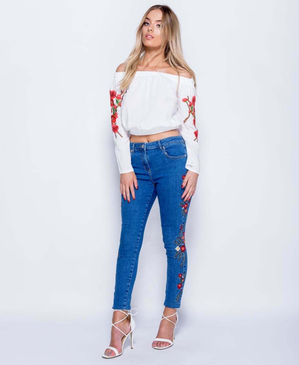 White Floral Embroidered Bardot Crop Top - Full Side View