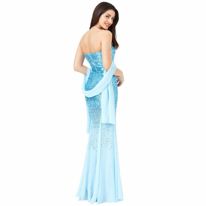 Blue Strapless Sequin Maxi Bridesmaid Ballgown Dress with Scarf