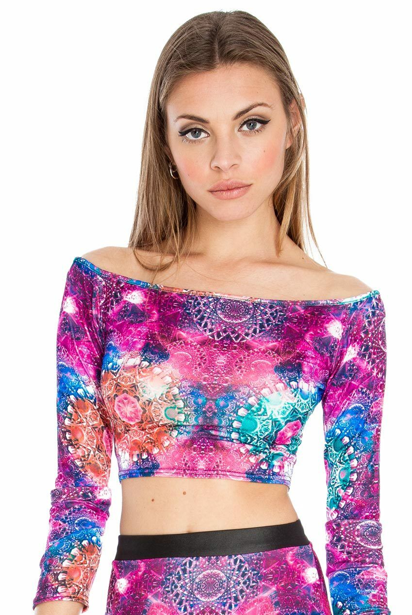 Cosmic Print Off Shoulder Long Sleeve Top - Front View