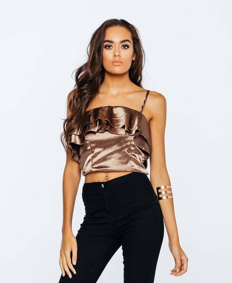 Ruffled Satin Bandeau Bra-let Crop Top in Mocha - close front view