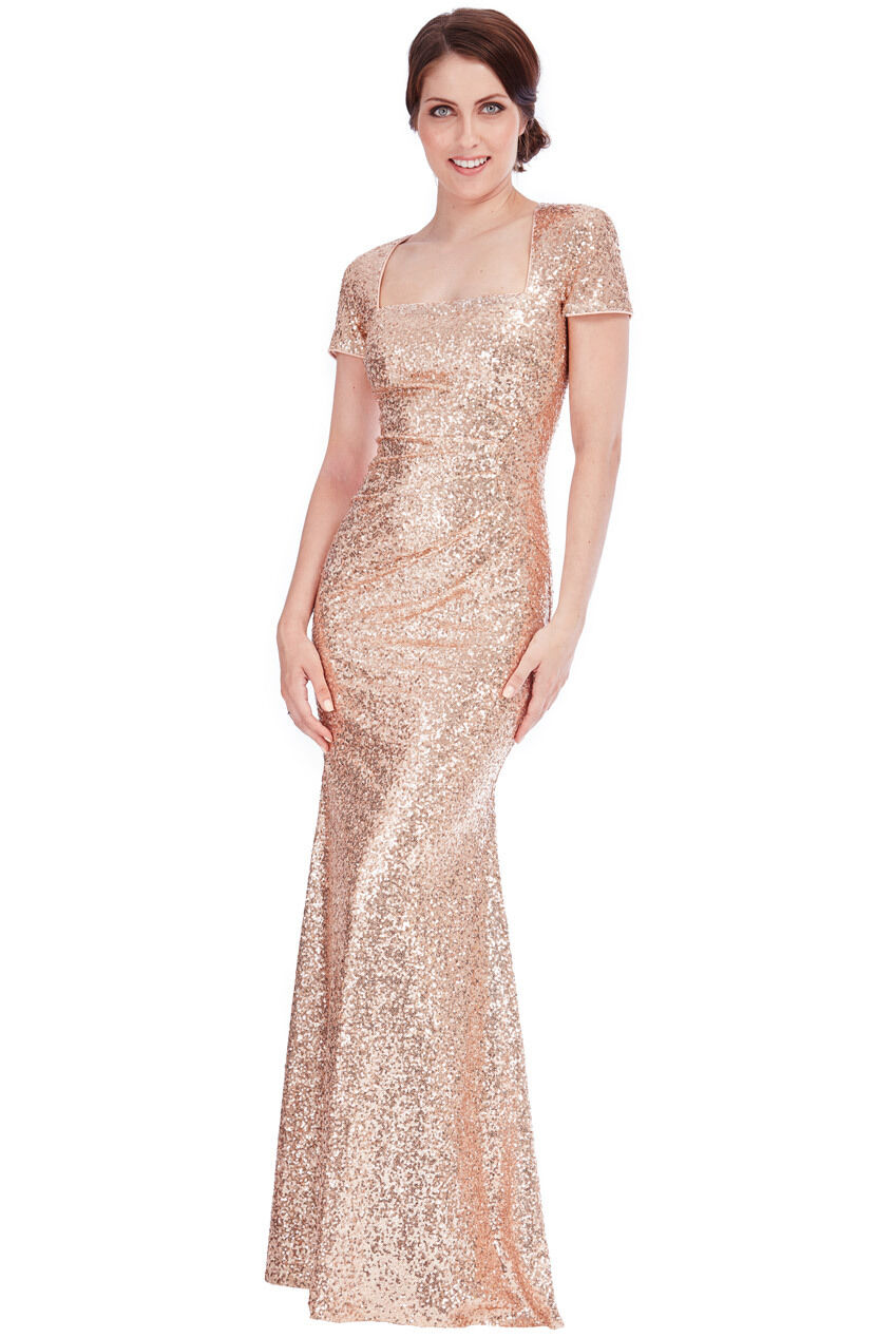 Square Neck Short Sleeve Champagne Sequin  Maxi Dress