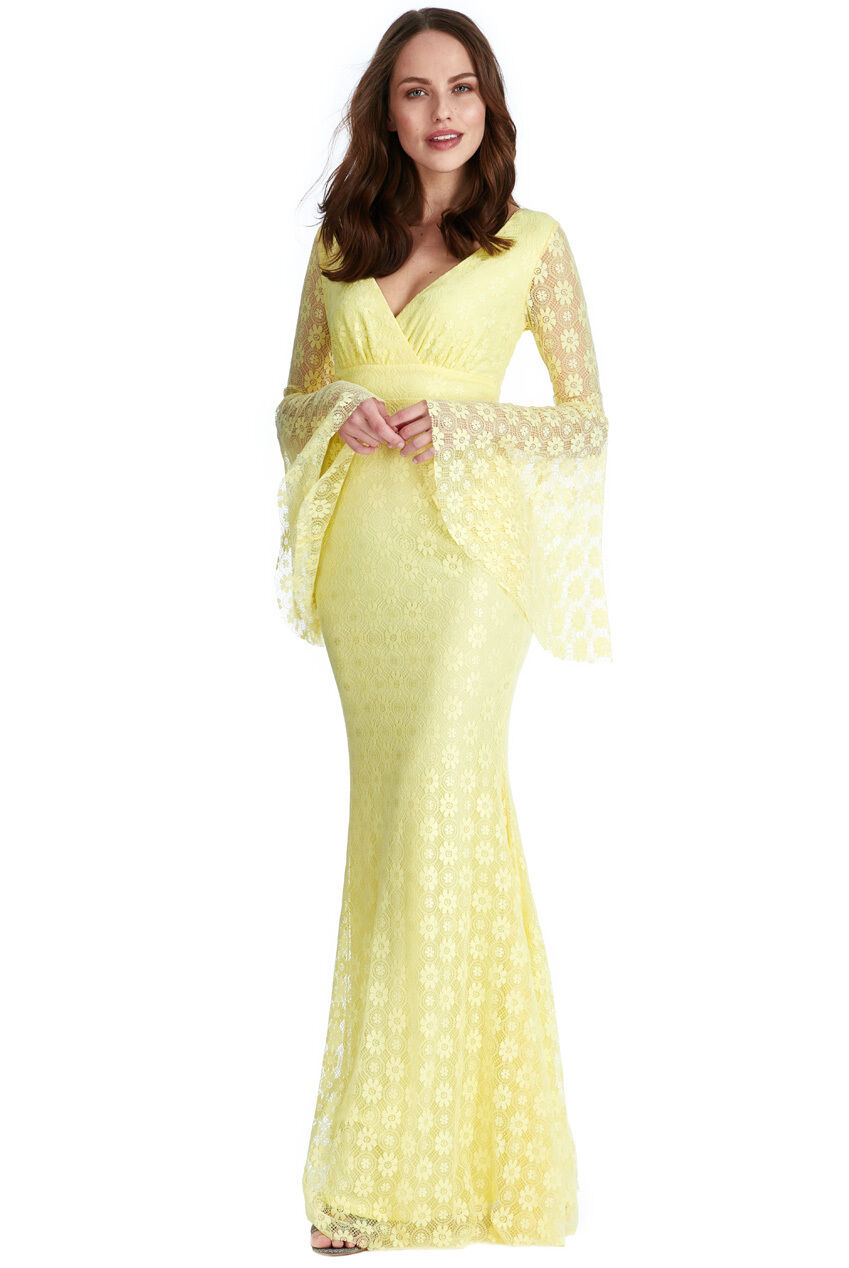 Yellow Floral Lace Long-Sleeved Maxi Dress