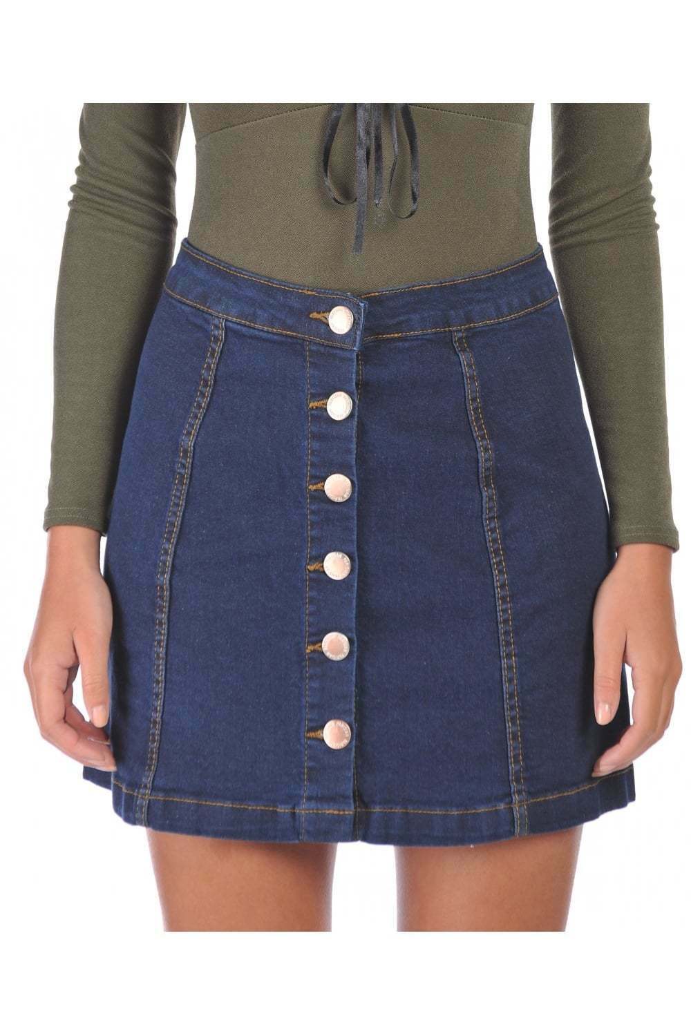 Denim A-Line Button Front Skirt in Blue - Close Front View