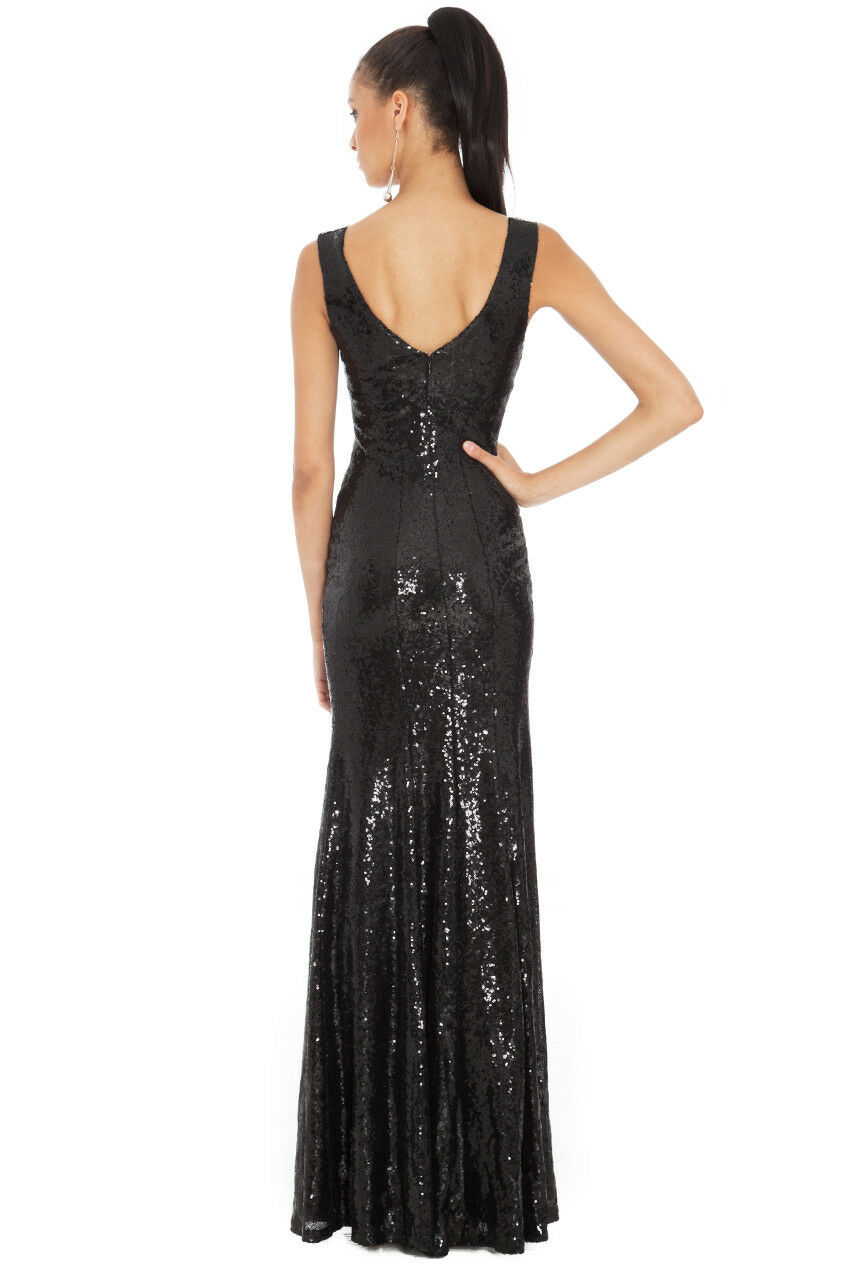 Sequin Sleeveless V-Necked Maxi Dress in Black - Full Back View