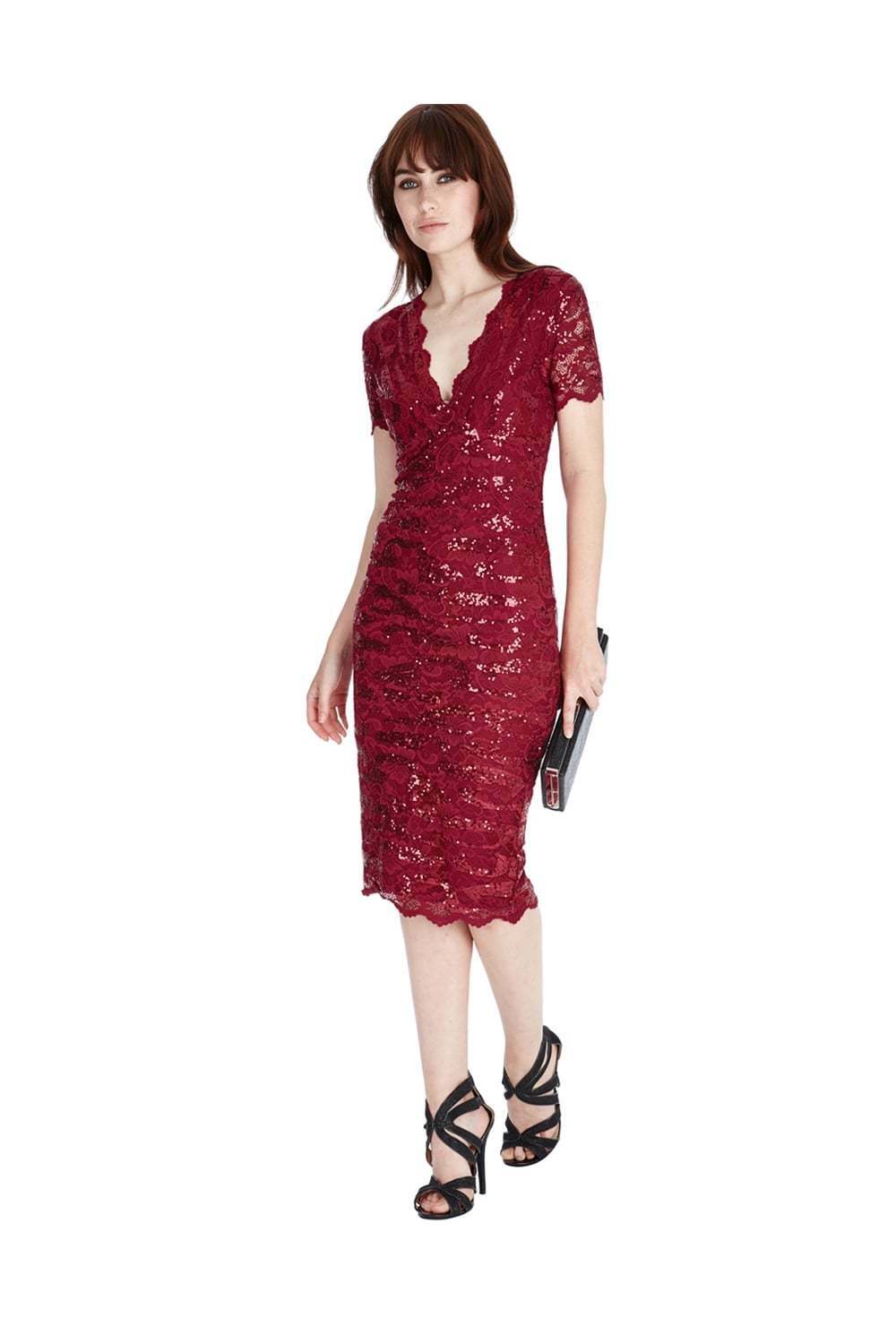Sequin Lace Midi Dress in Red - Front View