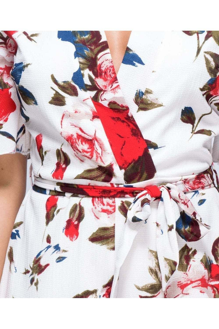 Short Sleeved Rose Print Playsuit in White - Close Up View