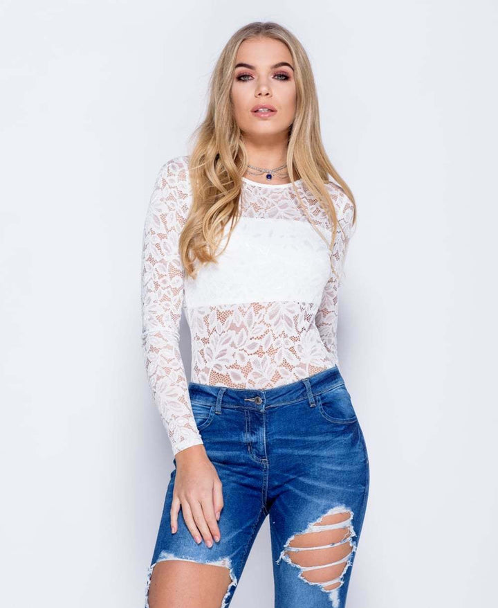 White Full Sleeved Lace Bodysuit - Close Front View