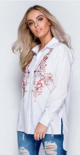 White Floral Embroidered Full Sleeve Shirt - Close Front/Side View