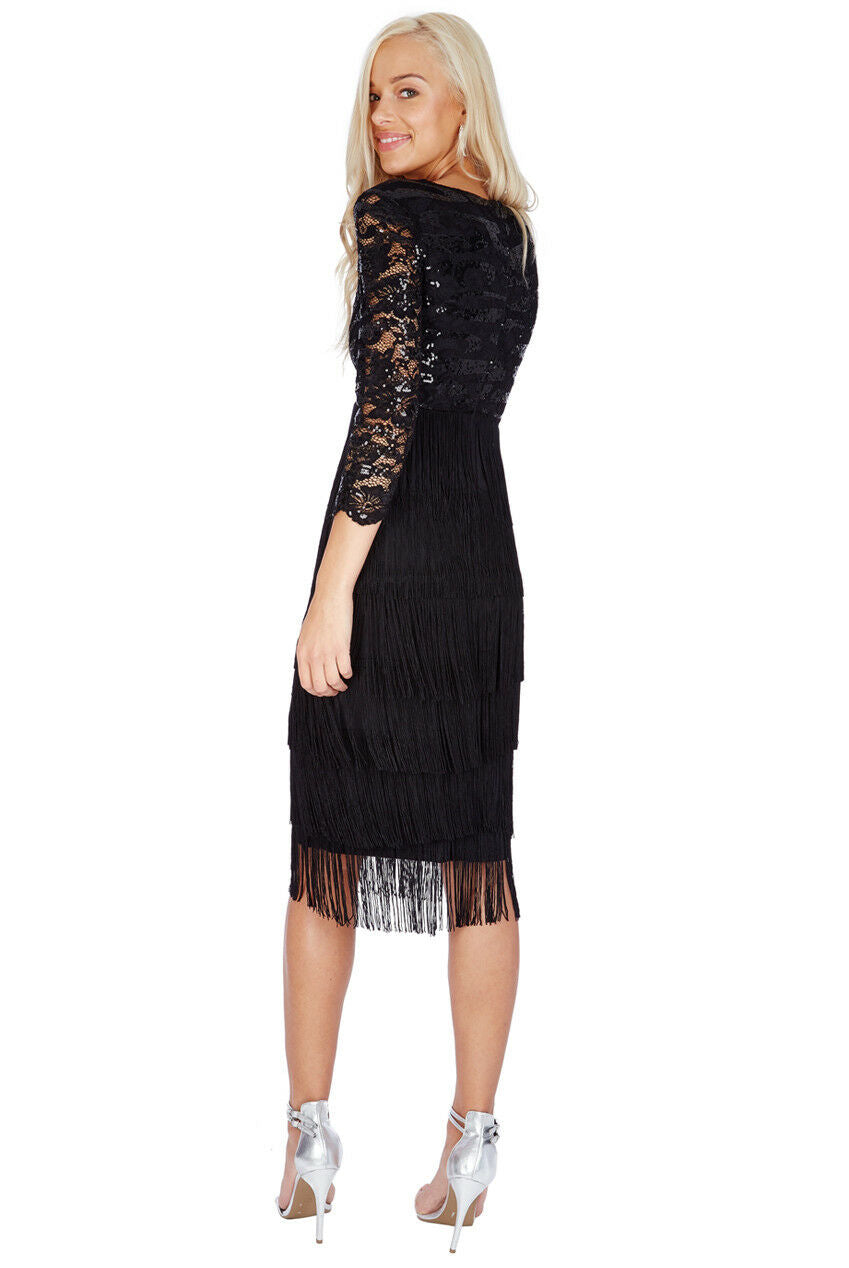 Sequin Fringe Flapper Midi Dress in Black - Back View