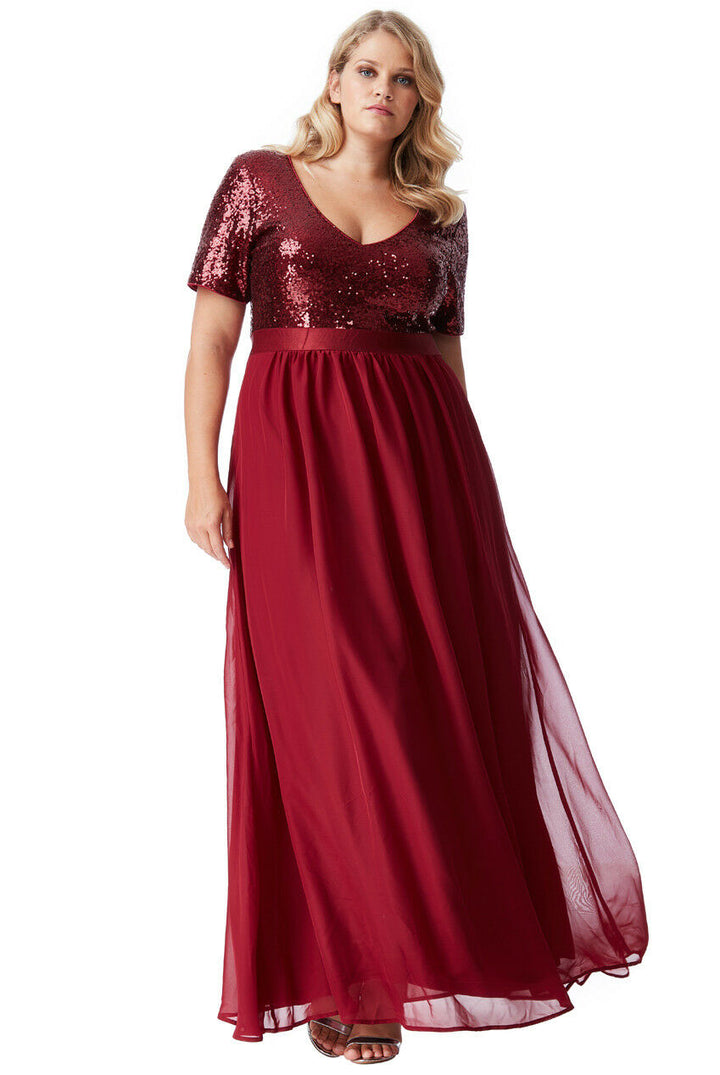 Plus Size Sequin Chiffon Short Sleeved Maxi Dress - Red Front View